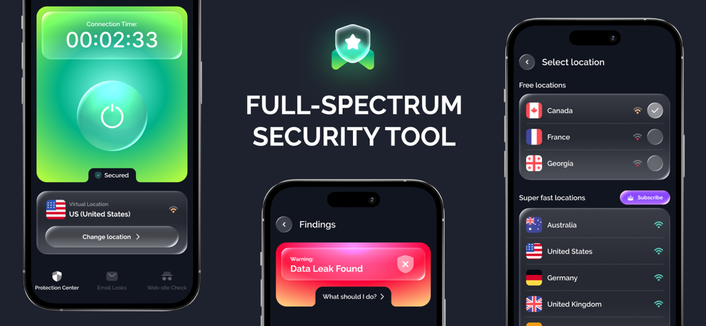 Interface do aplicativo BlitzShield mostrando conexão VPN, locais de servidores e alertas de vazamento de dados.