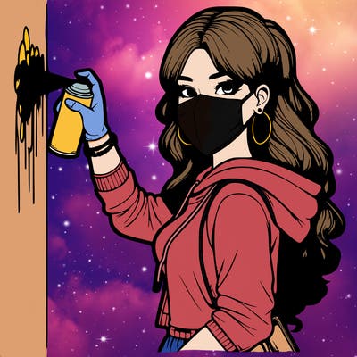 realistic girl with mask spray painting a wall