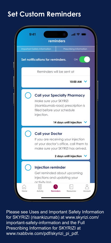 User interface of the Complete medication tracker showing custom reminders for injections and doctor calls