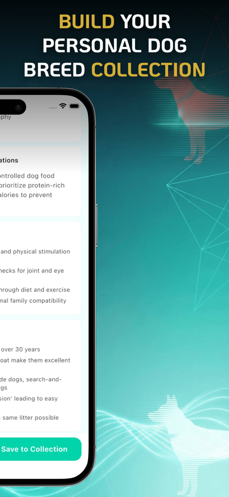Dog Breed Identifier | Scanner - A mobile app interface showing dog breed information and a save to collection button