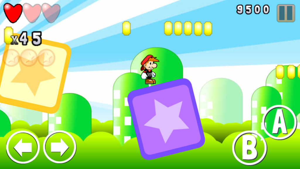 لعبة مغامرات البطل مجانا - A 2D platformer game screen featuring a character in a red cap jumping on blocks with on-screen controls and a score display.