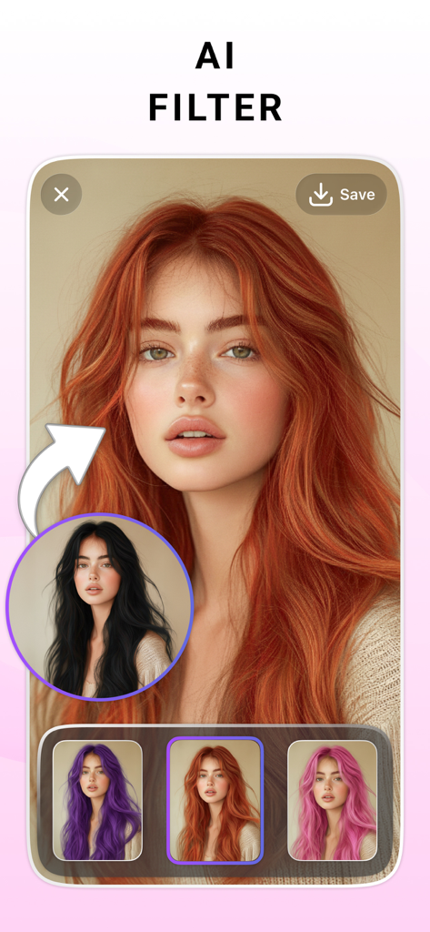 LightX: AI Photo & Body Editor - Una mujer usando un filtro de color de cabello con IA para cambiar su cabello de negro a naranja vibrante