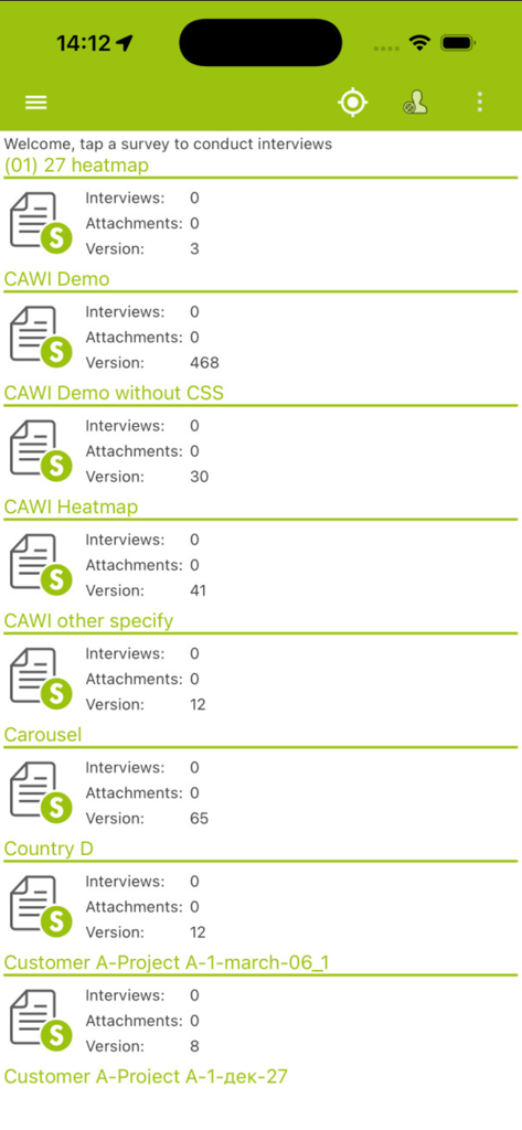SurveyToGo New - Panel que muestra una lista de proyectos de encuestas de campo activos en la aplicación SurveyToGo New.