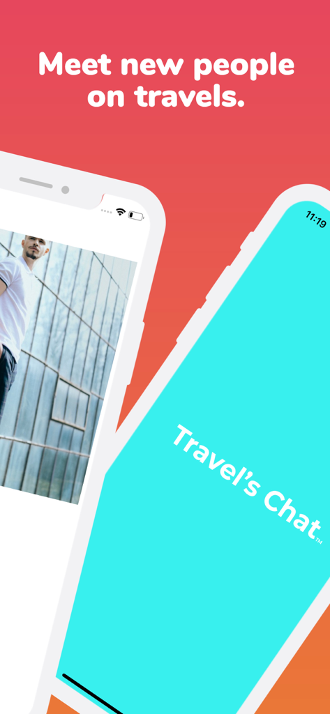 Travel's Chat - Travel & Meet - Screenshot dell'app Travels Chat che mostra lo slogan Incontra nuove persone durante i viaggi con interfacce di telefoni cellulari