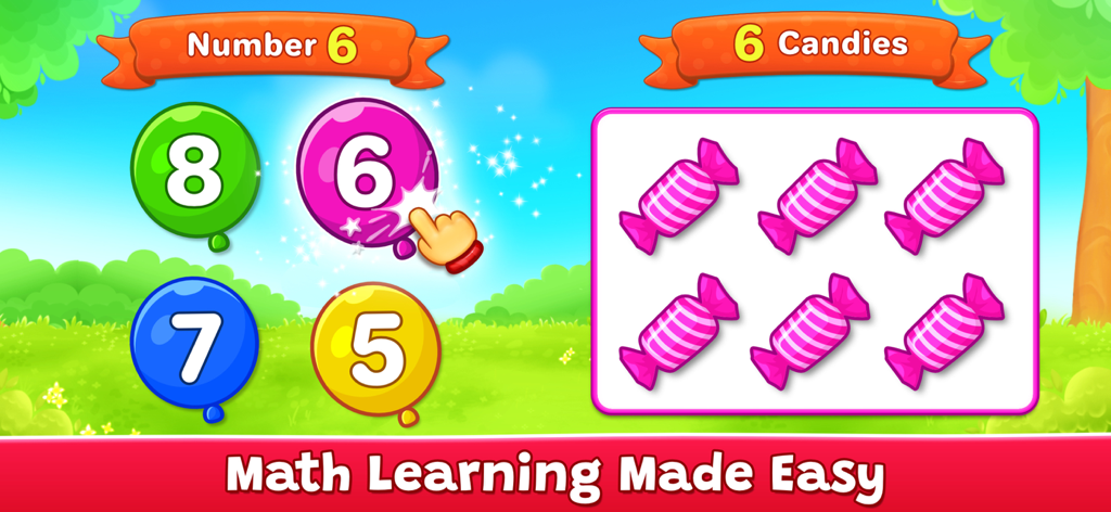 Preschool math game showing number matching with colorful balloons and counting six pink candies.