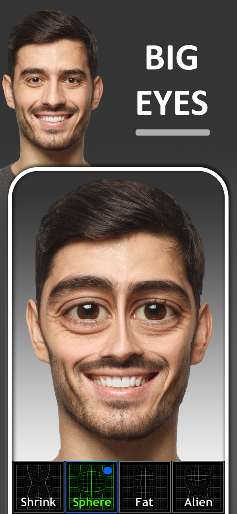 Funny Face Camera Booth - A man's face morphed with oversized eyes using the Funny Face Camera Booth app.