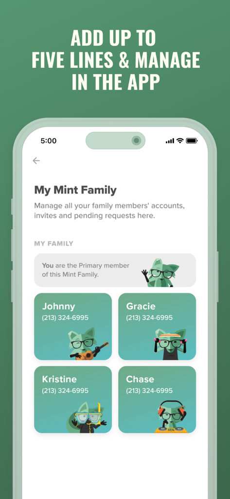 Mint Mobile - Mint Mobile app interface showing the My Mint Family management screen with multiple user accounts