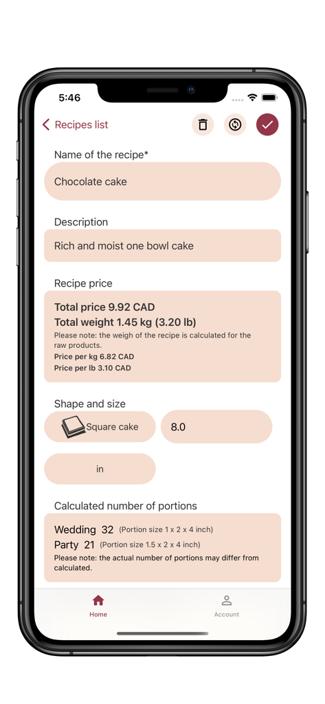 CakePlace - Screenshot of CakePlace app showing a chocolate cake recipe with detailed price calculation and portion estimates for wedding and party sizes
