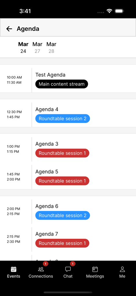 Markets Group - A screenshot of the Markets Group app showing a personalized event agenda with roundtable sessions and main content streams