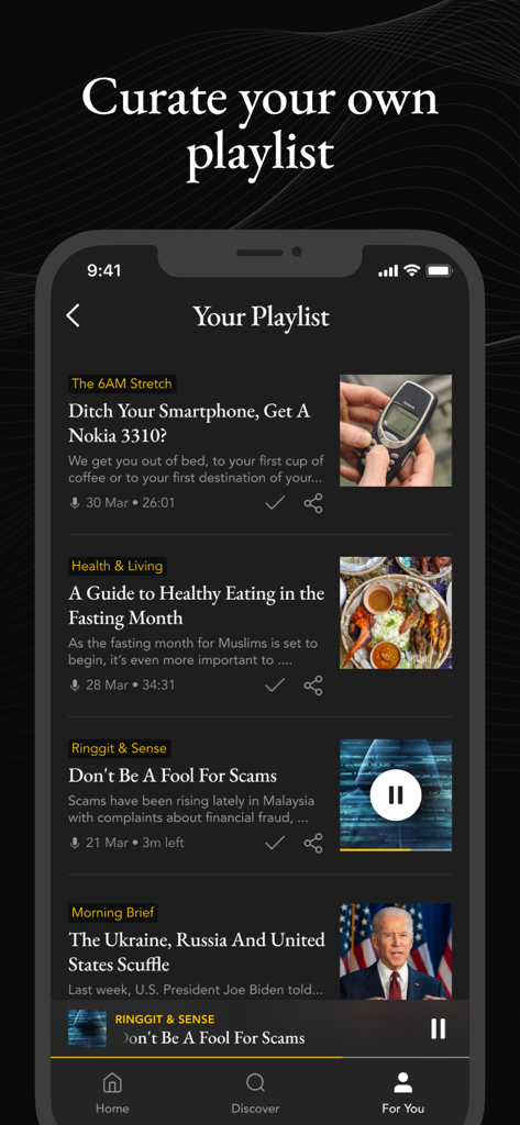 BFM Business Radio - Personalized podcast playlist in the BFM Business Radio mobile app interface
