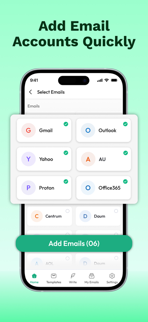 AI Email Writer - All MailBox - Interface showing how to quickly add multiple email accounts like Gmail and Outlook into a unified inbox.
