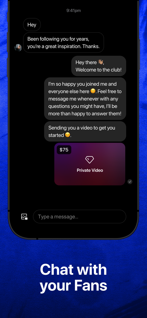 Luvi - Luvi app interface showing a creator chatting with a fan and selling a locked private video for seventy five dollars.