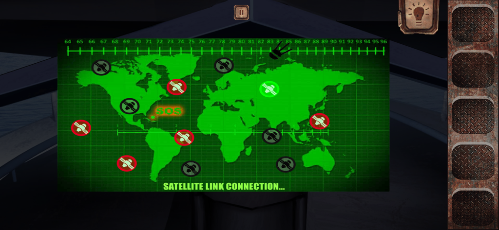 Um mapa-múndi de radar digital verde mostrando um sinal de SOS e conexão de link de satélite no jogo Escape Ship Adventure