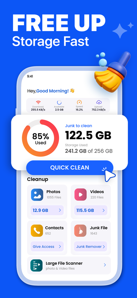 Panel de la aplicación Duster que muestra estadísticas de uso de almacenamiento y un botón de limpieza rápida para liberar espacio en el teléfono