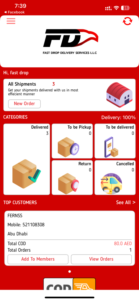 Panel móvil de la aplicación Fast Drop Shipper que muestra estadísticas de entrega y categorías de estado de pedidos.