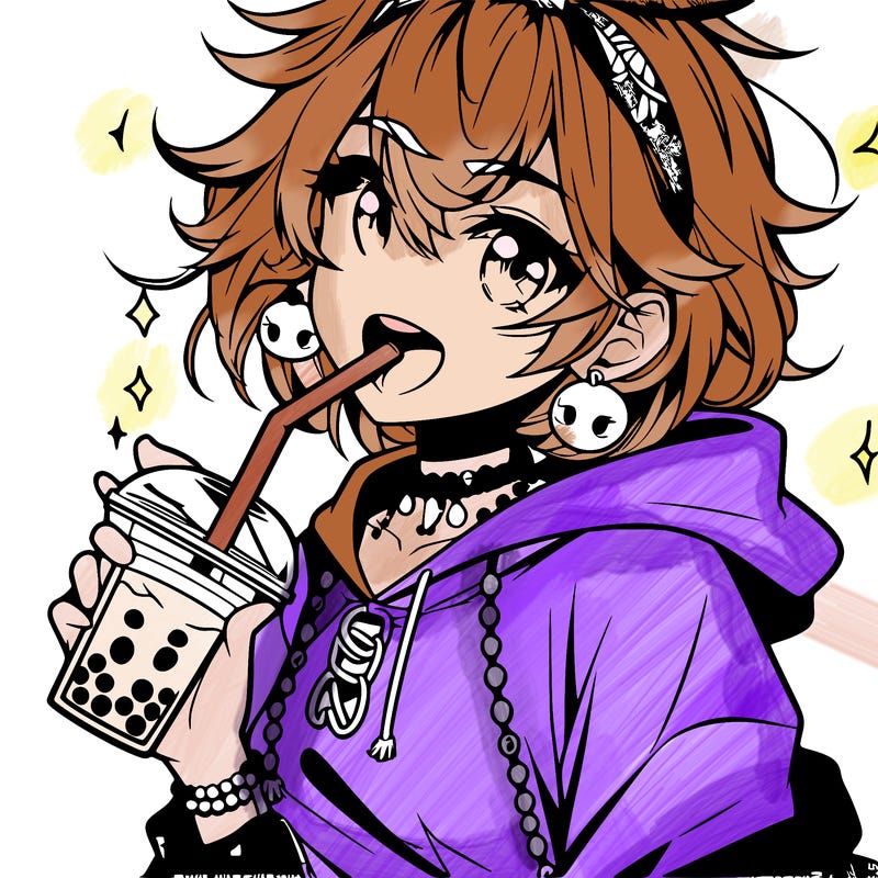 hot baddie anime girl drinking boba and biting the straw