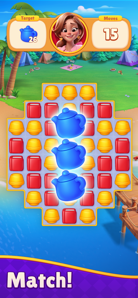 Dream Mania - Match 3 Games - Captura de tela da jogabilidade de Dream Mania mostrando um nível de quebra-cabeça match 3 com tema de acampamento.