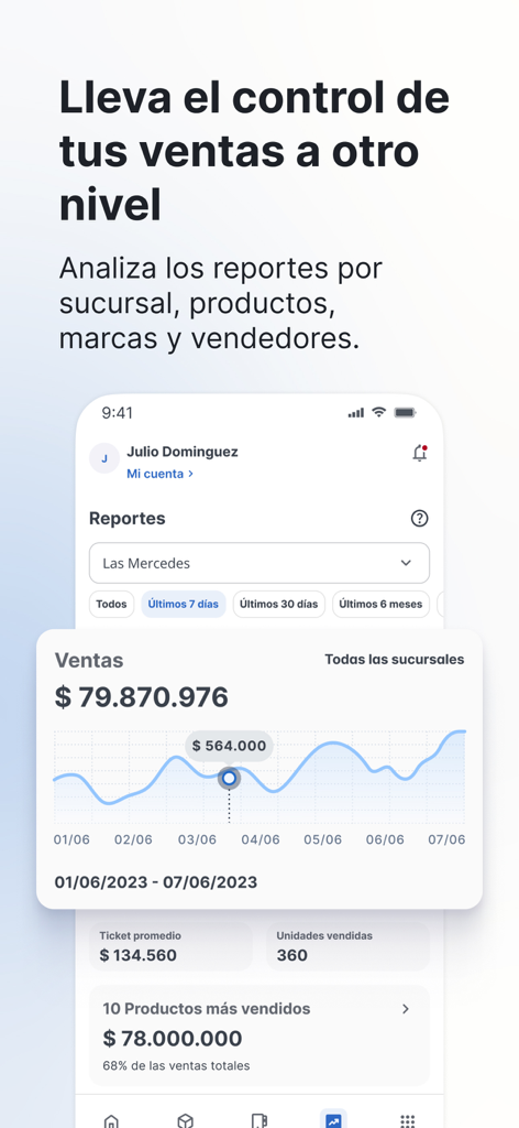 Interfaz de la app Bsale mostrando informes de ventas con gráficos y métricas de negocio.