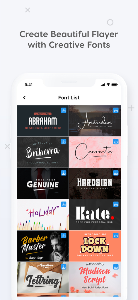 Flyer Maker Poster Design - Interface d'application mobile montrant une liste de styles de polices créatives pour la conception de flyers et d'affiches.