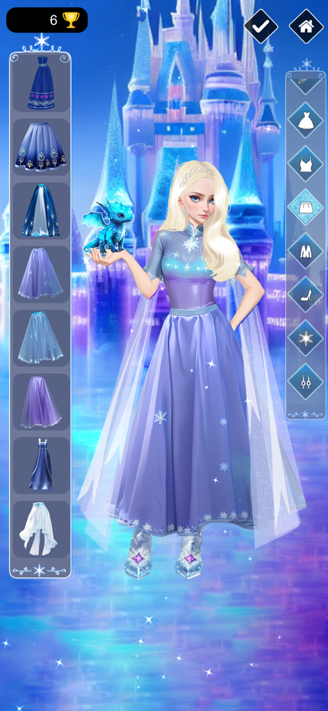 Ice & Fire Princess Dress Up - Ice princess wearing a purple gown and holding a dragon in a dress up game interface