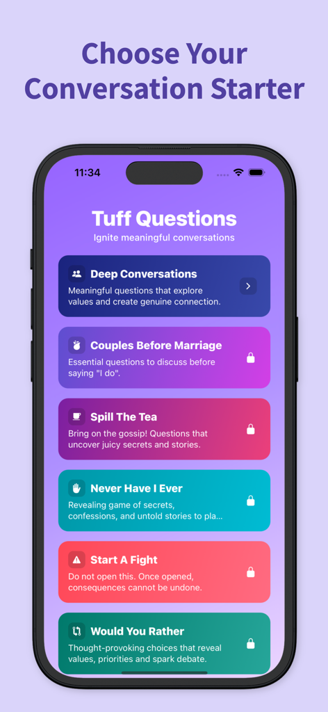 Tuff Questions - Couple Game - Una lista de mazos temáticos de iniciadores de conversación en la aplicación móvil Tuff Questions
