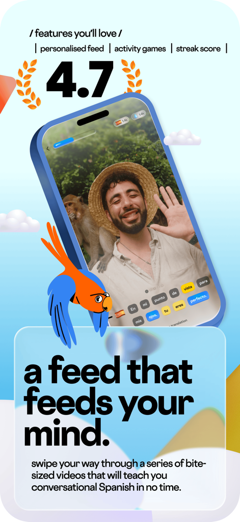 Parrot – Learn Spanish Fast - Smartphone screen displaying short Spanish learning videos in the Parrot app