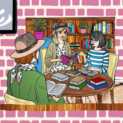 stylish 3 girls in book meeting