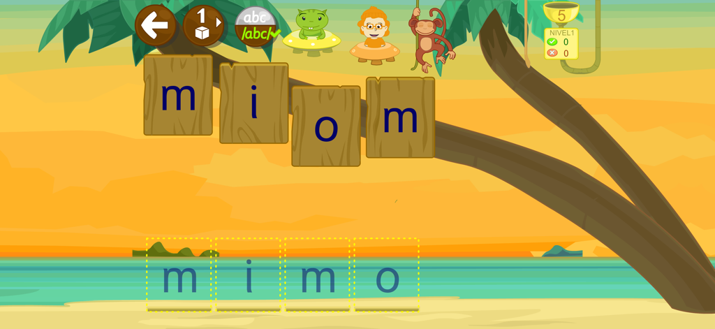 Leo con Grin FULL aprende leer - Niños deletreando la palabra mimo en un juego de fonética en español con una mascota de mono