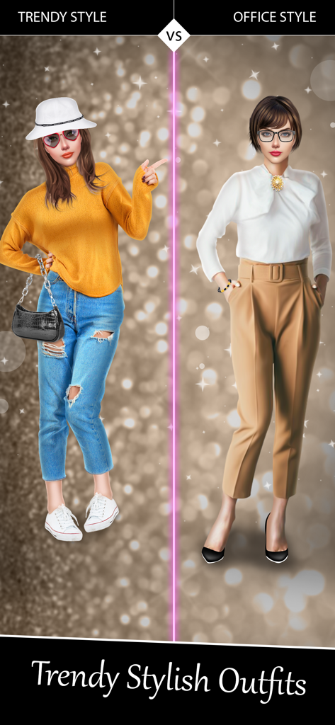 Fashion Show GlamUp Games One - Comparison of a trendy casual outfit versus a professional office style outfit in a fashion dress up game