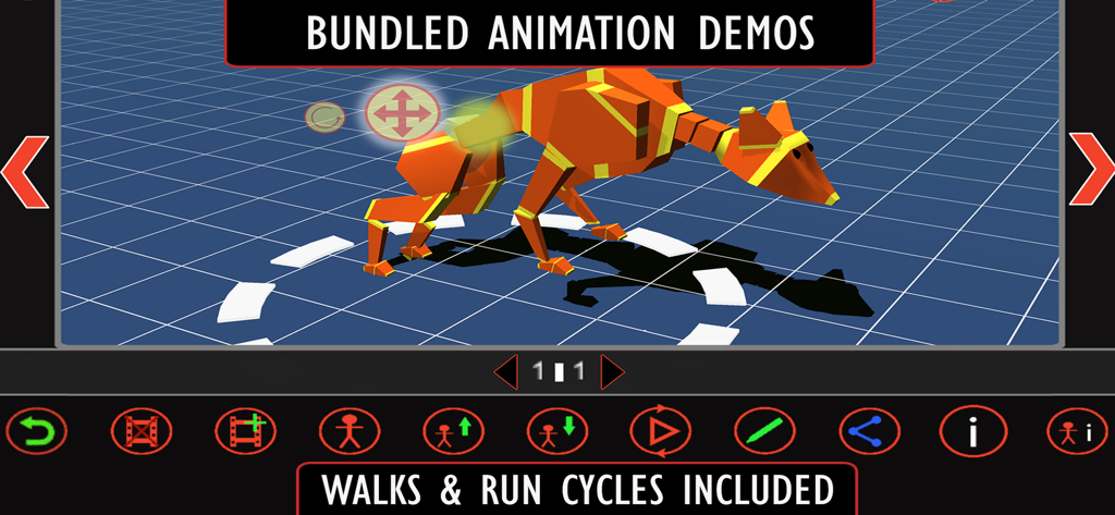 Anim8 - Anim8 3D animation app interface showing a fox character and walk cycle demos