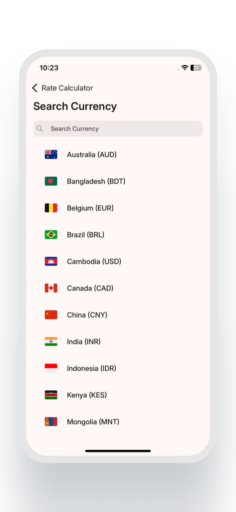 Search currency screen in the JME Remittance app showing a list of countries and currencies for exchange rate calculation