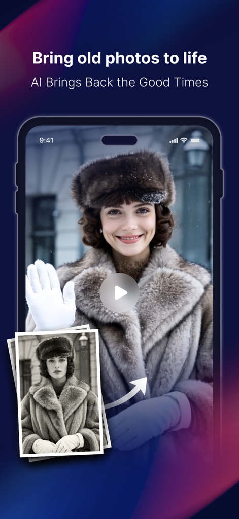 DeeVid - AI Video Generator - DeeVid AI App-Funktion, die zeigt, wie ein altes Schwarz-Weiß-Foto in ein koloriertes Video einer Frau verwandelt wird