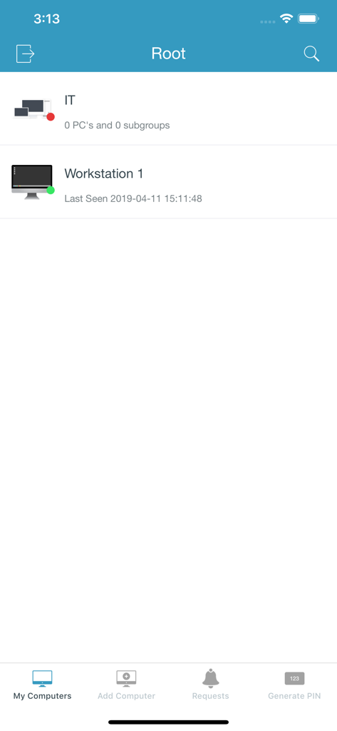 Dameware Remote Everywhere - Painel móvel do aplicativo Dameware Remote Everywhere exibindo uma lista de computadores conectados e seu status online