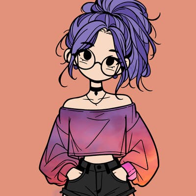 girl with a messy ponytail glasses a baggy crop top and jean shorts