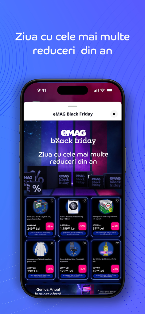 eMAG.ro - eMAG app showing Black Friday discounts on household items and electronics
