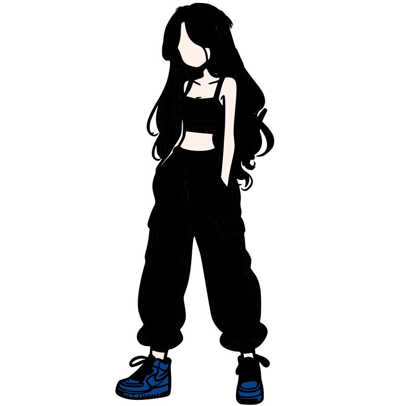 girl in baggy pants crop top and long hair