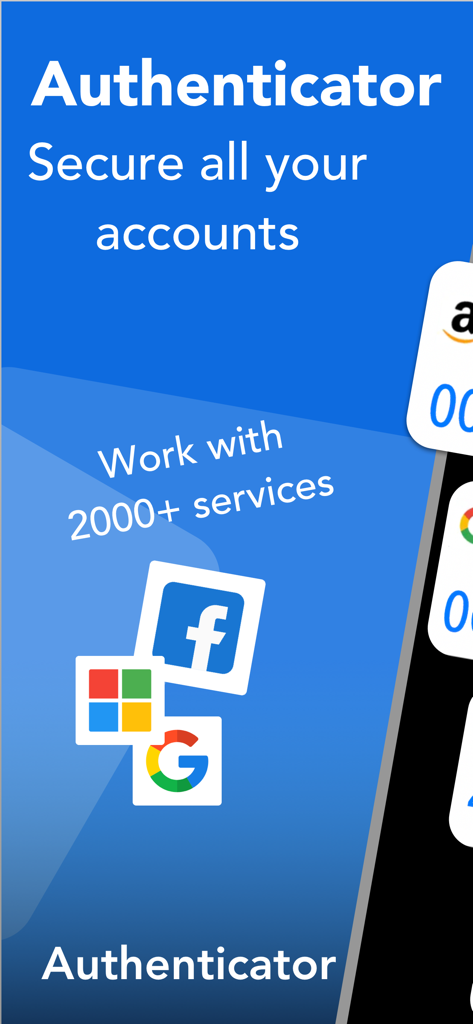 Google、Facebook、Microsoftなどのさまざまなオンラインアカウントのセキュリティを示すオーセンティケーターアプリ画面