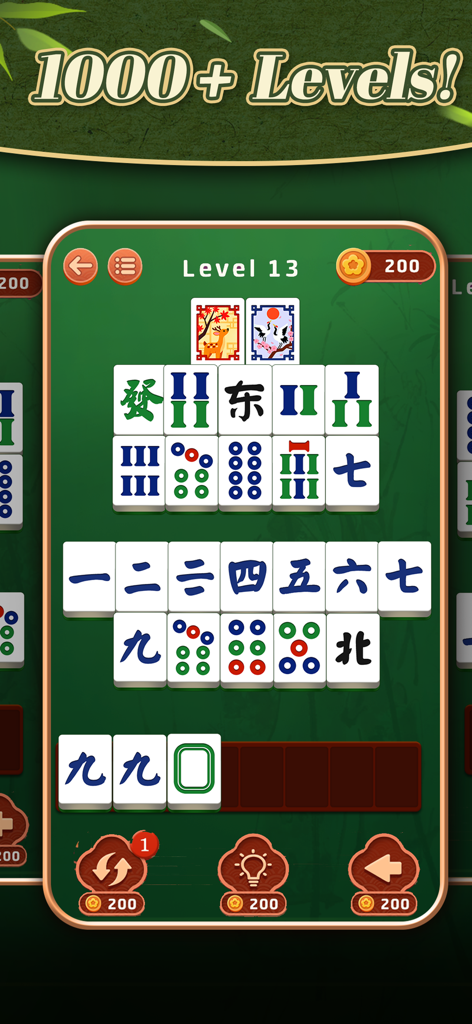 Gameplay screen of Classic Mahjong Match Master showing large tiles and a levels counter