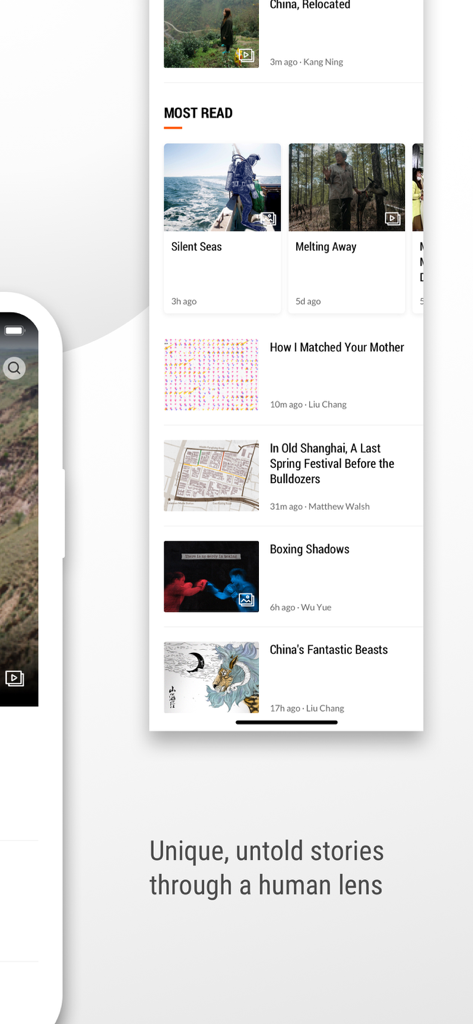 Sixth Tone - Captura de pantalla de la interfaz de la aplicación Sixth Tone que muestra una lista de noticias de tendencia e historias de interés humano sobre la China contemporánea.