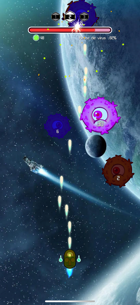 Bump Comha: monstre - Gameplay of Bump Comha monstre showing a spaceship firing at circular virus monsters in a space setting.