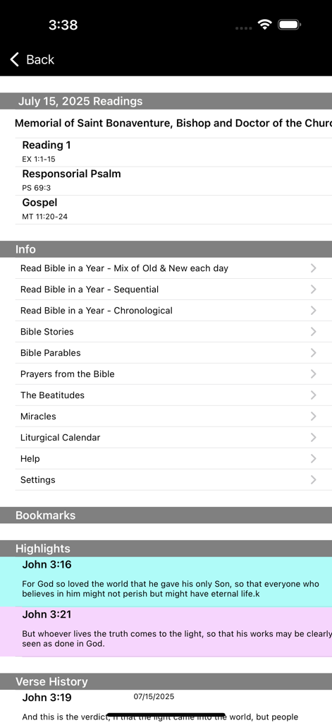 Screenshot der katholischen Bibel-App der Neuen Amerikanischen Bibel, der das Menü der täglichen Lesungen und hervorgehobene Verse zeigt