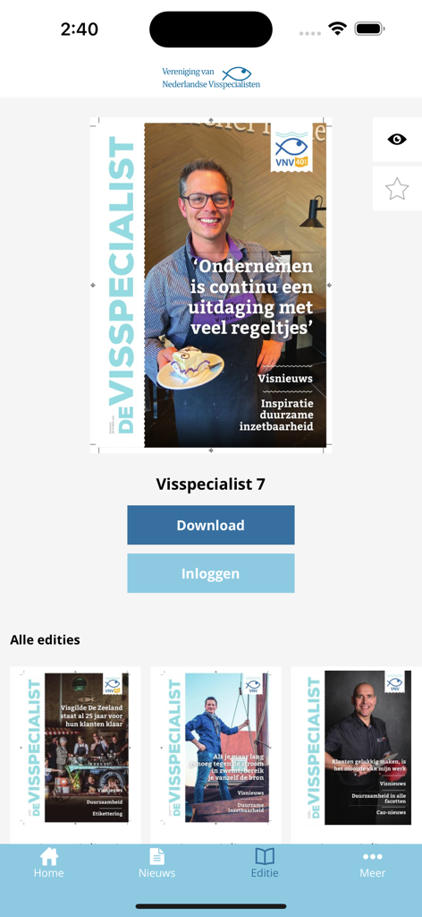 VNV app - VNV app home screen displaying covers of De Visspecialist trade magazine for seafood professionals