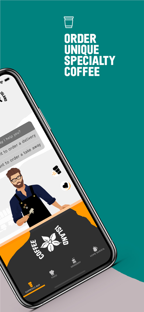 My Coffee Island - My Coffee Island app splash screen showing a barista illustration and text saying order unique specialty coffee