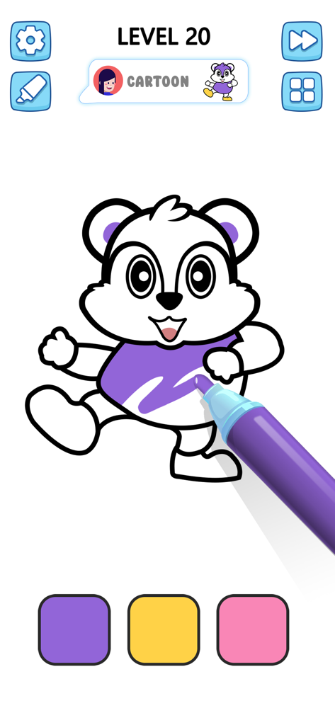 A digital coloring page showing a cartoon bear being colored with a purple marker