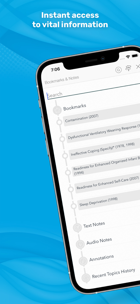 Manual of Nursing Diagnosis - Manual of Nursing Diagnosis app interface showing bookmarks and notes options on a smartphone screen.