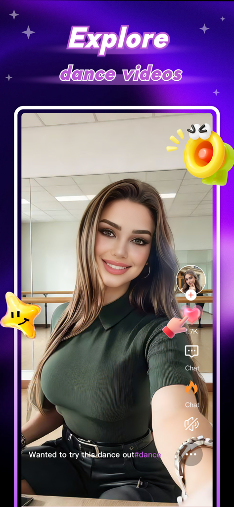 Faye - Chat&Social - Eine Frau in einem Tanzstudio, dargestellt im Explore-Feed der Faye-Social-App.