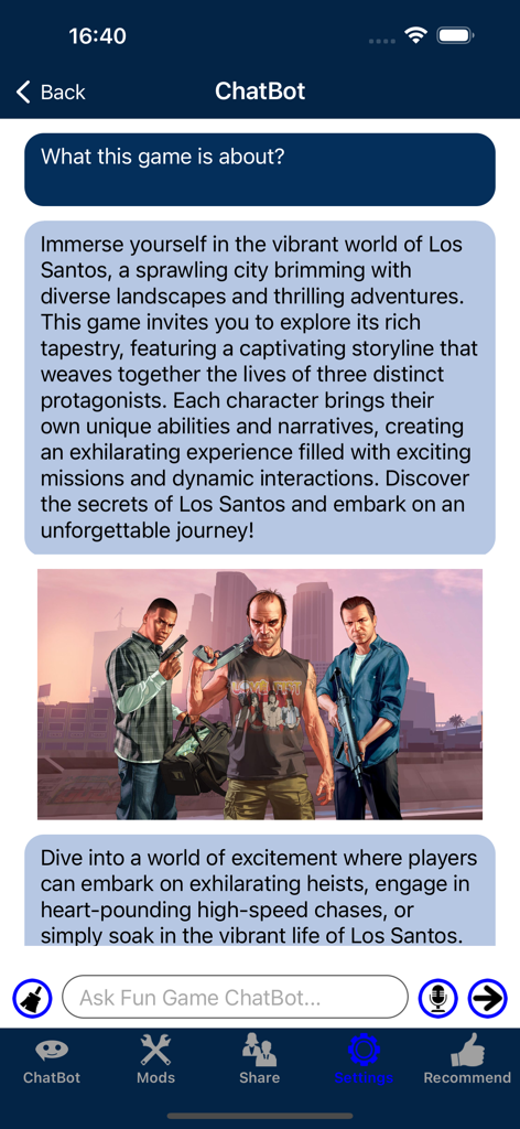 Interface of the GTA5 Mods app chatbot explaining the game and characters