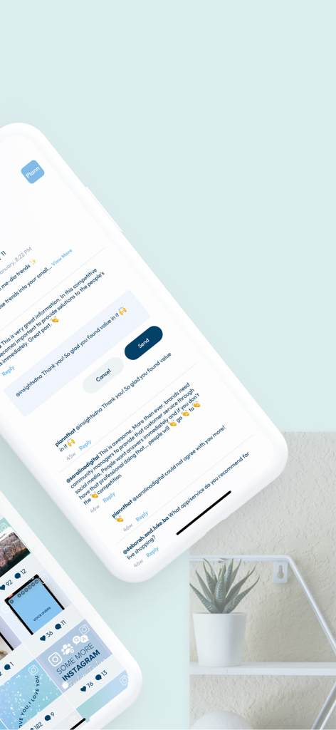 소셜 미디어 댓글 및 소통 관리를 위한 Plann 앱 인터페이스를 보여주는 스마트폰 화면.