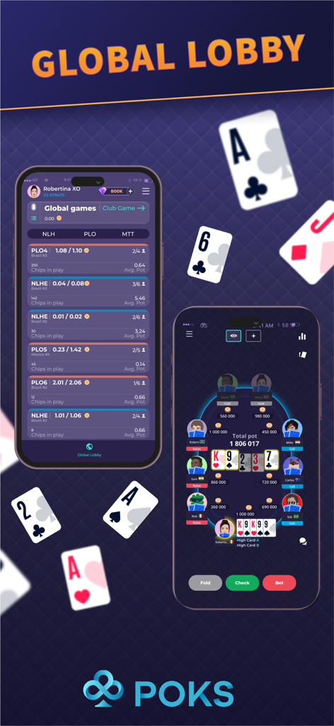 Schermate dell'app mobile POKS Poker che mostrano la lobby di gioco globale e l'interfaccia di un tavolo da poker dal vivo