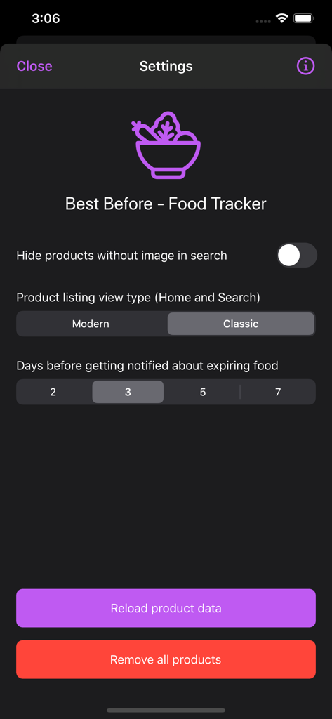 Best Before - Food Tracker - Best Before Food Trackerアプリの通知と表示設定が表示される設定画面